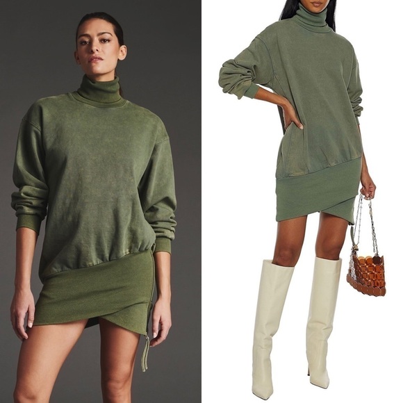 NWT REVOLVE x YFB Asymmetrical Hem Olive Turtleneck Tunic Sweater Mini Dress XS - Picture 2 of 8
